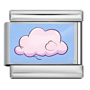 Detail showing a pink cartoon cloud pattern on a stainless steel modular charm link.
