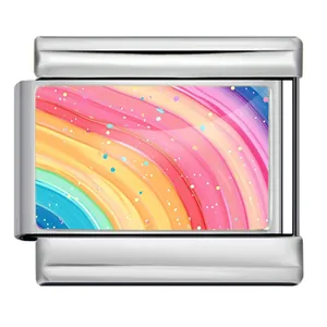 Detailed view of Italian charm link featuring colorful rainbow swirl pattern in stainless steel