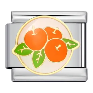Stainless steel Italian charm link with orange fruit and leaf enamel design.