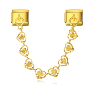 Detail view of gold stainless steel heart chain link for Italian modular bracelets