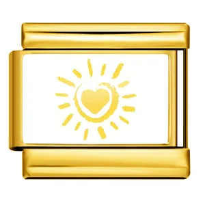High quality detail shot of gold Italian charm link featuring a yellow sun heart design