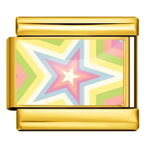 Detailed view of Italian charm link featuring a colorful rainbow star pattern on a gold base