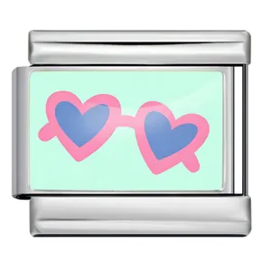 Close-up of stainless steel Italian modular charm featuring pink heart sunglasses design.