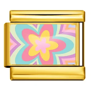 Gold stainless steel Italian modular charm link featuring a colorful layered flower pattern
