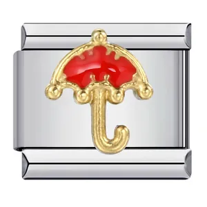Charm link italiano con ombrello in smalto rosso per bracciali modulari fai-da-te