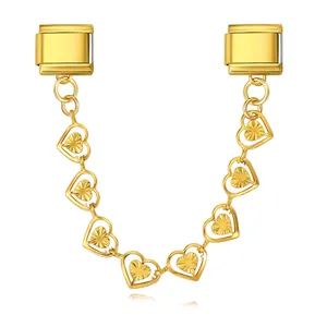 Detail view of a gold-plated heart-shaped safety chain for Italian modular charm bracelets.