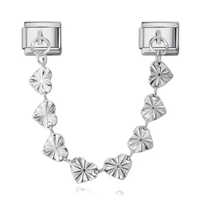 Detailed view of silver stainless steel heart charm chain for modular Italian bracelets.
