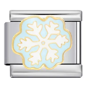 Modular stainless steel charm for Italian bracelet featuring blue enamel snowflake pattern
