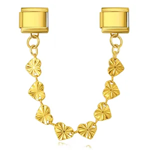 Detailed view of a gold heart charm chain with double hooks for modular bracelets
