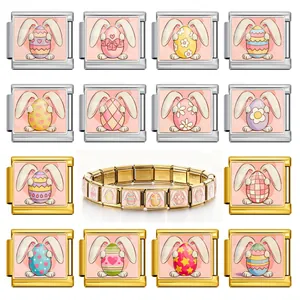 Detailed view of stainless steel Easter egg bunny Italian charm bracelet modular links