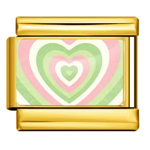 Gold stainless steel Italian charm module with green and pink concentric heart pattern