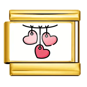 Gold Italian modular charm featuring three pink hanging hearts on a white enamel base.