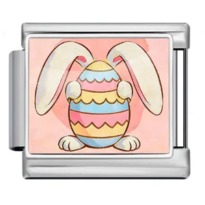 Close-up of stainless steel Italian charm link with Easter bunny and egg illustration