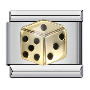 Eslabón modular para pulsera italiana con un dado 3D dorado en acero inoxidable