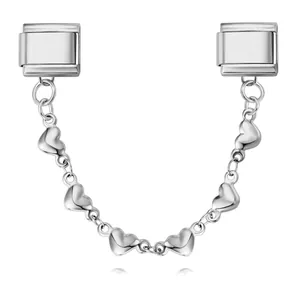 Polished stainless steel heart charm safety chain for DIY Italian modular bracelets.