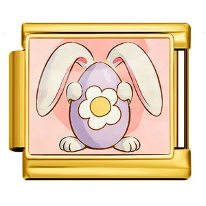 Macro view of gold Italian charm link with Easter egg and bunny ears design