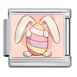 Detailed view of stainless steel modular charm with colorful Easter egg and rabbit motif