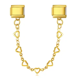Close-up of gold stainless steel heart chain dangle for Italian modular charm bracelets