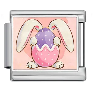 Detailed close-up of a stainless steel Italian charm link with Easter bunny egg motif.
