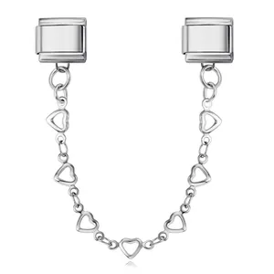 Close-up detail of stainless steel heart link chain for Italian modular DIY bracelet