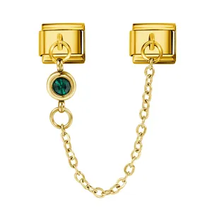 Gold Italian charm modular link featuring a green birthstone charm and safety chain