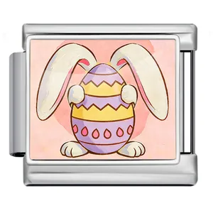 Easter bunny holding a colorful egg stainless steel Italian charm for DIY bracelet