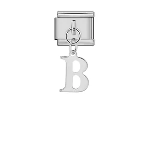 Eslabón de charm modular italiano plateado con colgante de letra B para pulseras DIY.