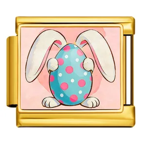 Golden Italian charm link featuring a cute Easter bunny with a polka dot egg design