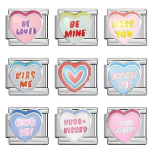 Eslabón de Amuleto Italiano de Acero Inoxidable Patrón de Corazón Esmalte Accesorio de Pulsera DIY Letras Románticas para Mujer