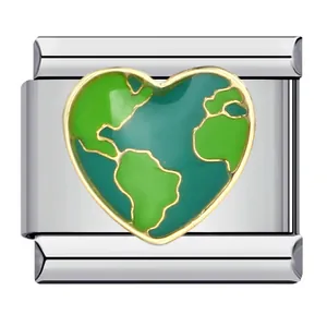 Maillon de breloque modulaire carte du monde en forme de cœur pour bracelets italiens