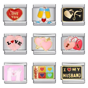 Romantic Italian Style Stainless Steel Modular Charm Link Enamel Heart Love Pattern DIY Jewelry Finding For Women