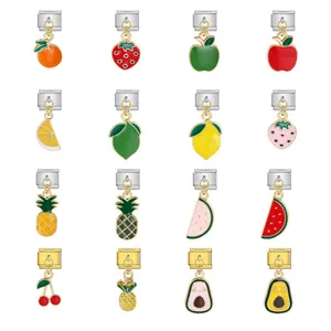 Charm Modulaire Italien en Acier Inoxydable Pendentif Fruit Mignon Accessoire de Bracelet DIY Or Argent Fraise Pomme Ananas Citron Charm pour la Bijouterie