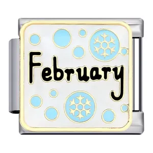 Close-up of February Italian modular charm in stainless steel with snowflake design
