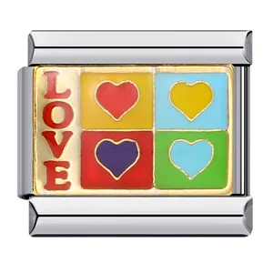 Detailed macro view of Italian charm link featuring LOVE text and colorful enamel hearts.
