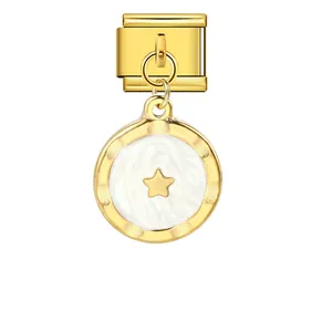 Charm modulaire italien avec pendentif étoile dorée en acier inoxydable et émail blanc