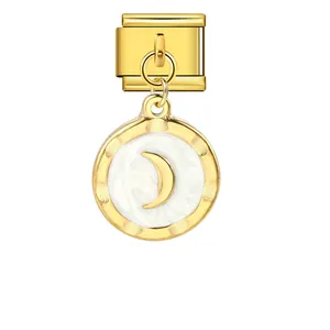 Maillon de charme italien doré avec pendentif lune en émail blanc pour bracelet
