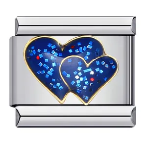 Detail macro view of double blue heart enamel charm for Italian modular bracelet