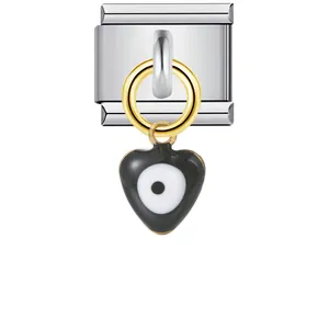 Italian modular bracelet charm featuring a heart-shaped black evil eye pendant