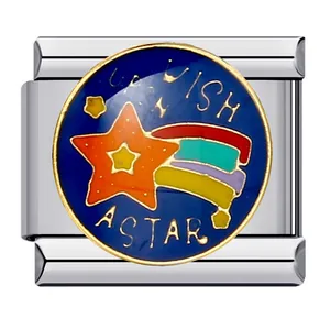 Close-up detail of a blue enamel shooting star Italian charm link made of stainless steel