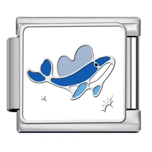 Detailed macro view of a blue whale enamel design on a stainless steel Italian charm