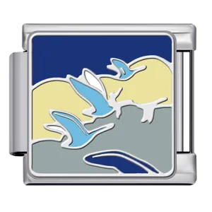 Macro view of flying bird blue enamel pattern on titanium steel Italian charm link