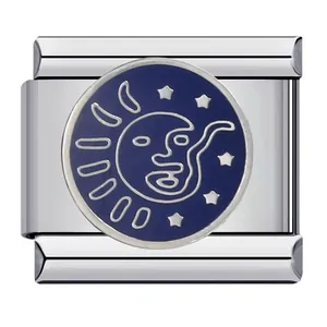 Stainless steel Italian modular charm link with a blue enamel sun and stars design