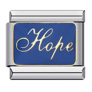 Blue enamel Italian charm link with gold-plated Hope script, stainless steel link