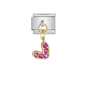 Eslabón de pulsera italiana con colgante en V de cristal rosa brillante en acero
