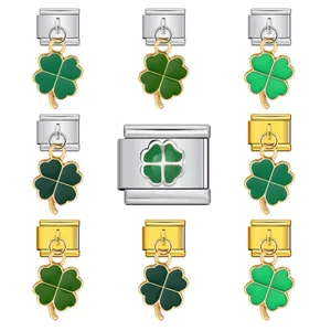 Stainless Steel Four Leaf Clover Italian Charm Pendant Link DIY Modular Stretch Bracelet Links Enamel Drip Oil Jewelry Charms