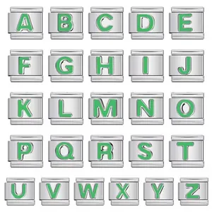 Stainless steel Italian charm bracelet links featuring green enamel letters from A to Z