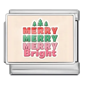 Detailansicht des italienischen Modul-Charms aus Edelstahl mit Merry Bright Weihnachtsmotiv