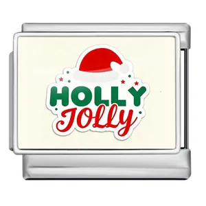 Nahaufnahme des italienischen Edelstahl-Charms mit festlichem Holly Jolly-Design.