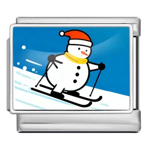Charm modulare italiano in acciaio inox con simpatico pupazzo di neve che scia Natale