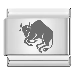 Vista dettagliata di un link charm italiano in acciaio inox con segno zodiacale del Toro